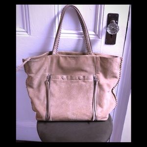 All Saints fleur de lis east/west suede tote